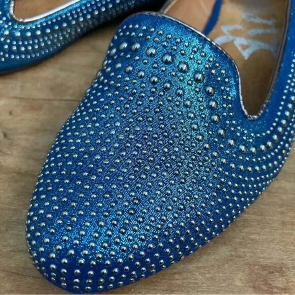 Rebels studded‎ loafer ballet flats metallic blue silver Glitzbot leather size 8